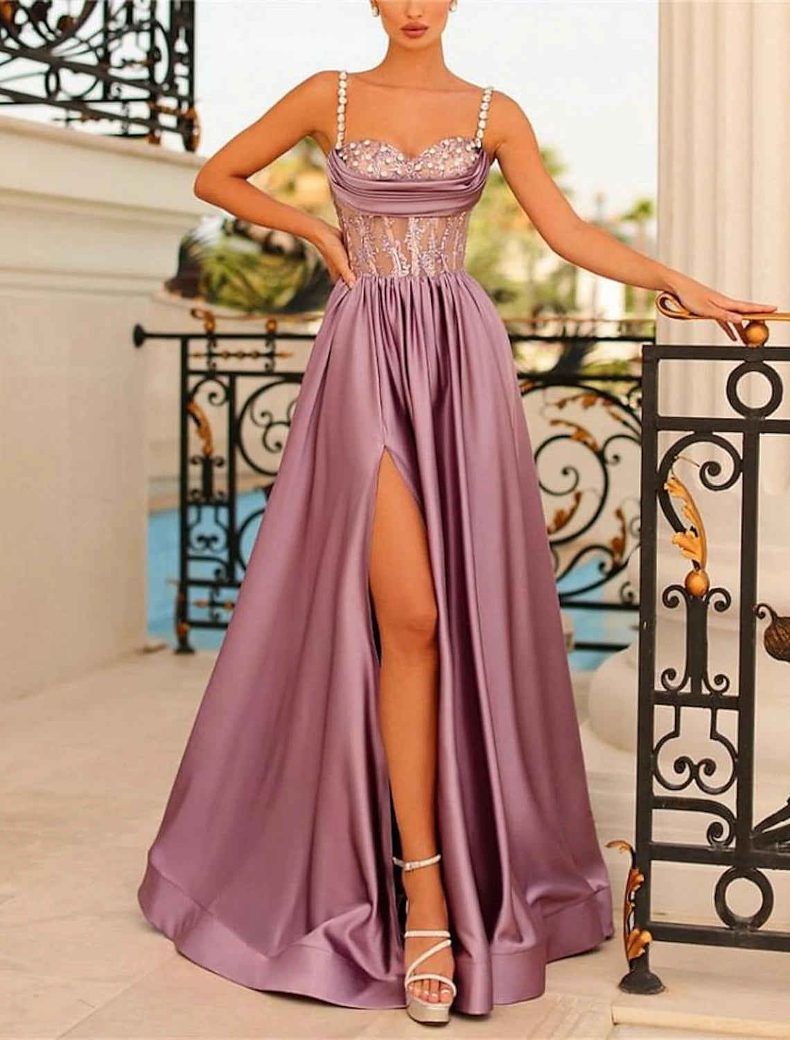 A-Line Evening Gown Backless Dress Formal Wedding Guest Sweep / Brush Train Sleeveless Spaghetti Strap Bridesmaid Dress Satin Backless with Ruched Sequin Slit 2025